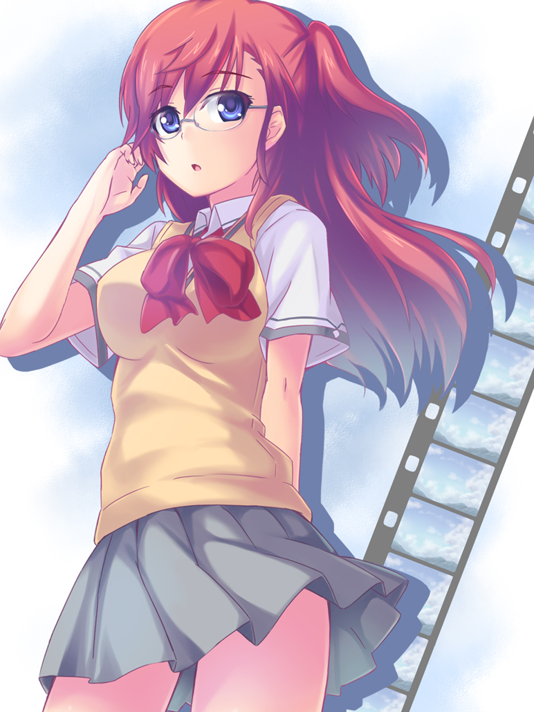 ano_natsu_de_matteru, blue_eyes, blush, glasses, long_hair, looking_at_viewer, open_mouth, red_hair