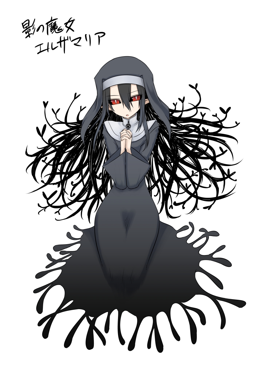 black_hair, elsa_maria_(madoka_magica), hands_clasped, highres, kneeling, kurakumo_nue, mahou_shoujo_madoka_magica, nun