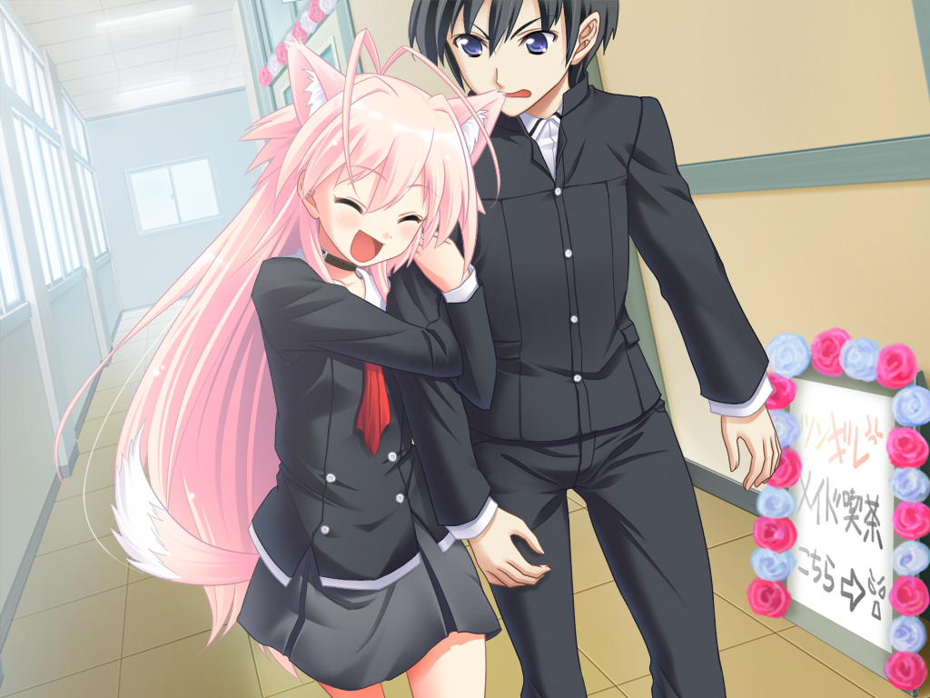 1girl, :d, animal_ears, antenna_hair, arm_hug, artist_request, blue_eyes, blush