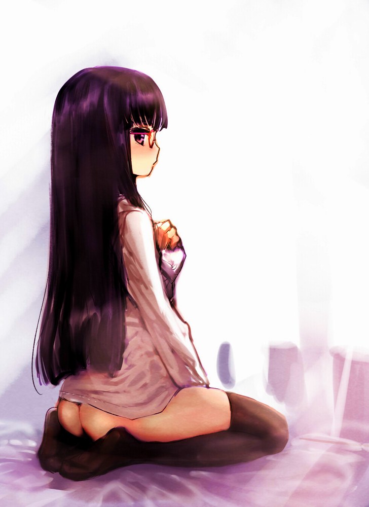 ass, bespectacled, black_hair, black_legwear, bow_(artist), bow_(bhp), feet, glasses, inu_x_boku_ss, long_hair, looking_back, naked_shirt, no_panties, purple_eyes, red-framed_glasses, seiza, shirakiin_ririchiyo, sitting, soles, solo, thigh-highs, thighhighs, violet_eyes