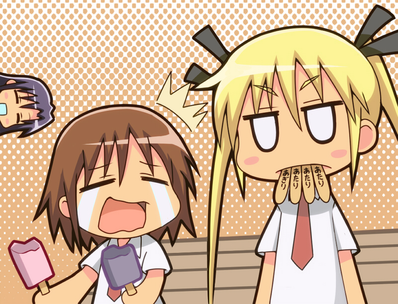 blonde_hair, blush_stickers, brown_hair, dual_wielding, goshiki_agiri, kill_me_baby, monsterheart, mouth_hold