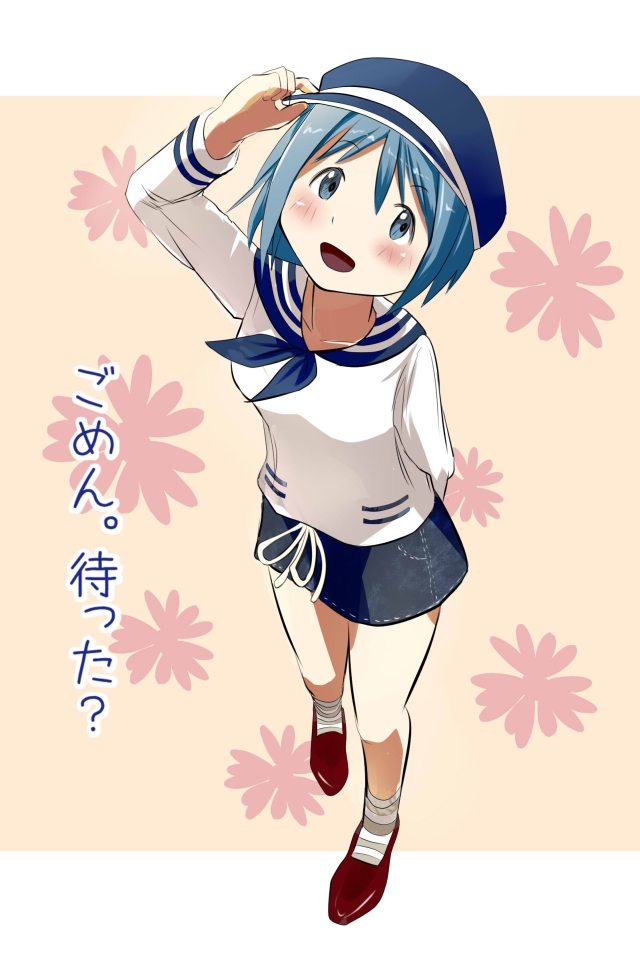 ace_(hyper_otintin_time), alternate_costume, blue_eyes, blue_hair, denim_skirt, from_above, hat, mahou_shoujo_madoka_magica, miki_sayaka, sailor, short_hair, smile, solo, translated