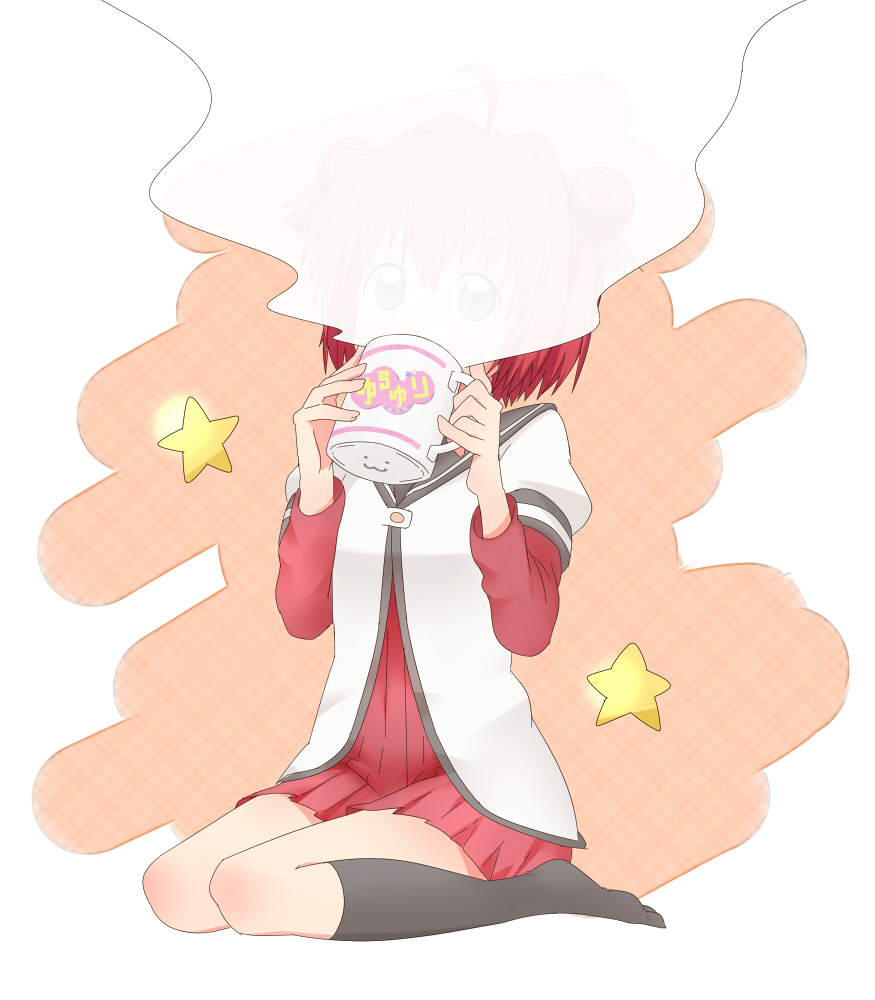 cup, double_bun, mug, obscured, purple_eyes, red_hair, redhead, sawagani_(massorosso)