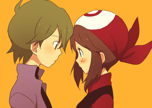 bandana, bandanna, blue_eyes, blush, brown_hair, face-to-face, green_eyes, green_hair
