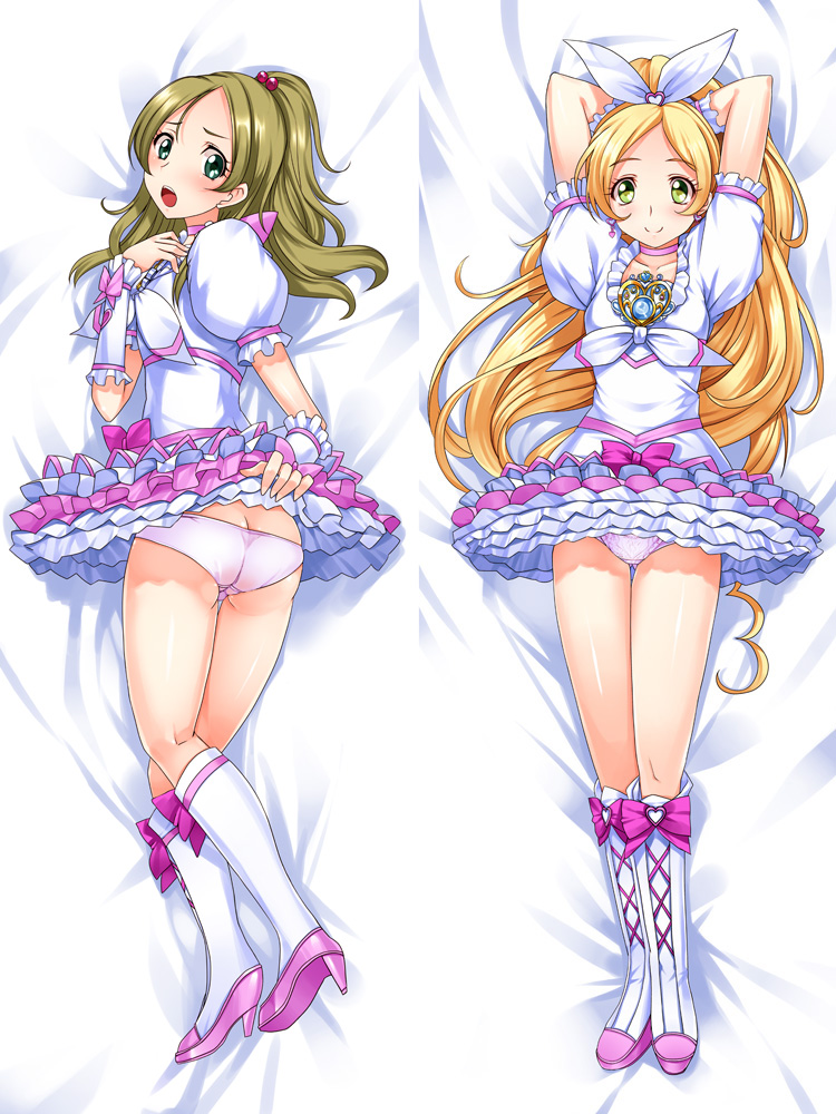 aoi_manabu, arms_behind_head, ass, bed_sheet, blonde_hair, blush, brown_hair, cosplay