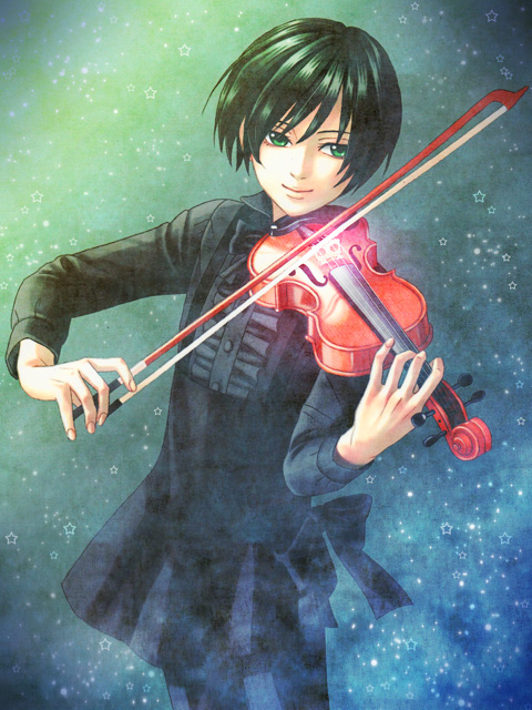 androgynous, black_hair, green_eyes, instrument, matsu_(momogesan), original, pantyhose, playing_instrument, short_hair, smile, solo, violin