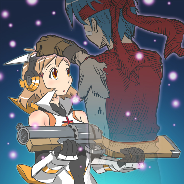 1girl, blue_background, blue_hair, bodysuit, company_connection, crossover, fading, gun