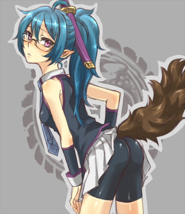 ahoge, aqua_hair, arched_back, asagi_(shinrabanshou), ass, bare_shoulders, bike_shorts, glasses