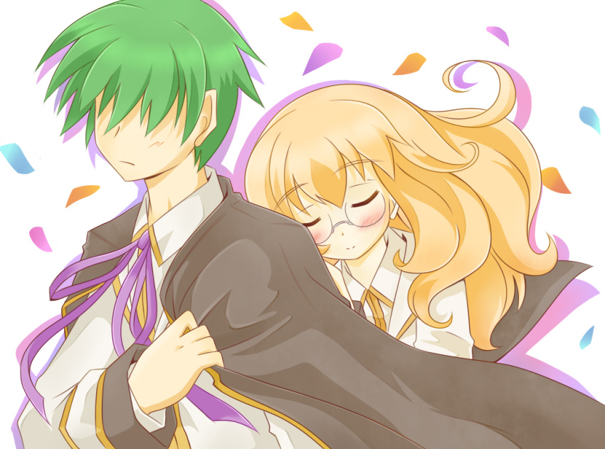 1girl, blazblue, blonde_hair, blush, cape, closed_eyes, eyes_closed, green_hair, hair_over_eyes, kazuma_kuvaru, leaning_on_person, trinity_glasfille, trinity_glassfield, young, zibun