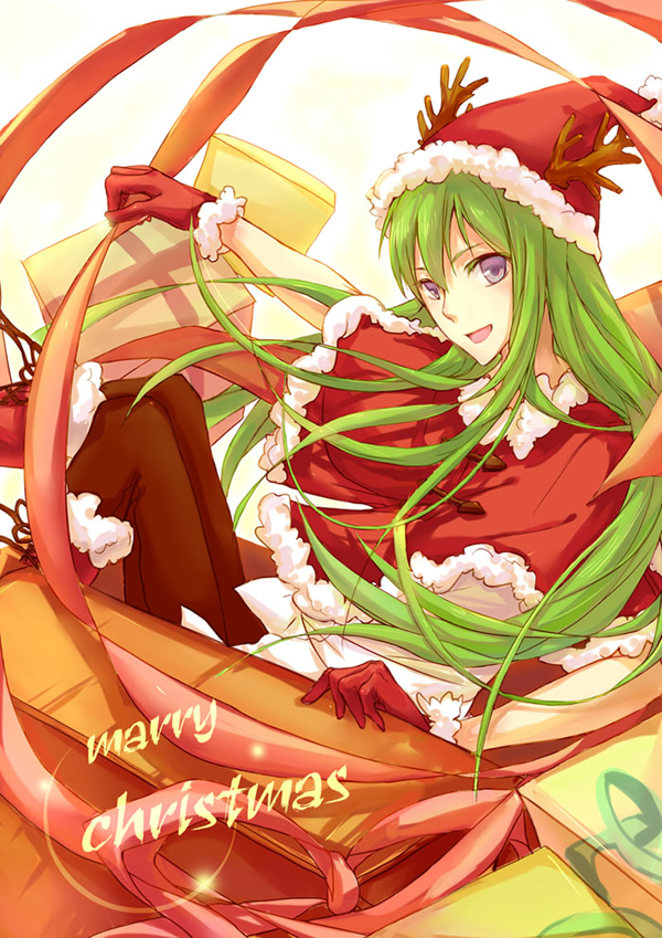 antlers, capelet, engrish, enkidu_(fate/strange_fake), fate/strange_fake, fate_(series), gift, green_hair, grey_eyes, hat, long_hair, male, nebo+, ranguage, ribbon, sack, santa_costume, santa_hat, solo, trap
