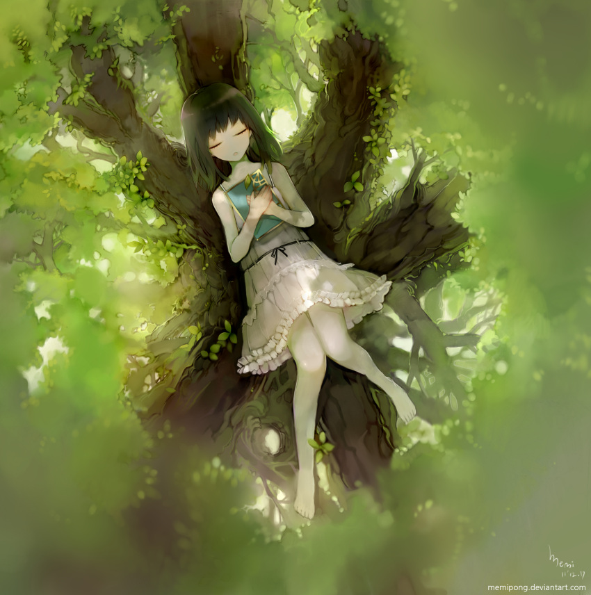 barefoot, black_hair, book, closed_eyes, dated, dress, eyes_closed, feet