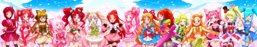 6+girls, :d, ;d, absurdres, albino, animal_ears, annotated, antenna_hair, aqua_eyes, arm_up, bike_shorts, blonde_hair, blue_dress, blue_hair, bow, bracelet, brown_eyes, brown_hair, choker, crossed_arms, cure_daisy, cure_honey_dream, cure_prism, detached_collar, detached_sleeves, diamond_(shape), double_bun, dress, earrings, fingerless_gloves, flower, gloves, green_eyes, green_hair, hair_ornament, hair_over_one_eye, hairband, hairpin, happy, hat, heart, hibiscus, highres, japanese_clothes, jewelry, kimono, maeashi, magical_girl, midriff, multiple_girls, navel, open_mouth, orange_hair, original, original_precure, payot, pink_dress, pink_eyes, pink_hair, ponytail, precure, puffy_sleeves, purple_eyes, red_eyes, red_hair, red_rose, redhead, ribbon, rose, short_hair, short_twintails, side_ponytail, signature, smile, staff, thigh-highs, thighhighs, top_hat, twintails, violet_eyes, white_hair, wink