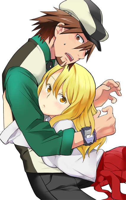 1girl, blonde_hair, bracelet, brown_eyes, brown_hair, cabbie_hat, facial_hair, hat, hug, jewelry, kaburagi_t_kotetsu, karina_lyle, long_hair, saitou_yahu, school_uniform, stubble, sweat, tiger_&amp;_bunny, vest, waistcoat, watch, wristwatch, yellow_eyes