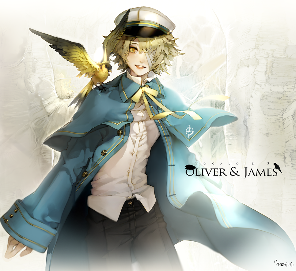 bandage, bandage_over_one_eye, bandages, bird, blonde_hair, coat, eagle, finch, hat, male, memipong, oliver_(vocaloid), one_eye_covered, sailor_hat, short_hair, vocaloid, yellow_eyes
