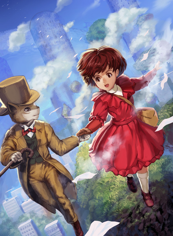 dress, flying, formal, ghibli, lewmus, mimi_wo_sumaseba, open_mouth, short_hair