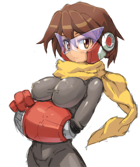 1girl, 5yusuke3, bodysuit, breasts, brown_eyes, brown_hair, female, genderswap, glasses, gloves, rockman, scarf, short_hair, skin_tight, solo, yuusuke_(5yusuke3)