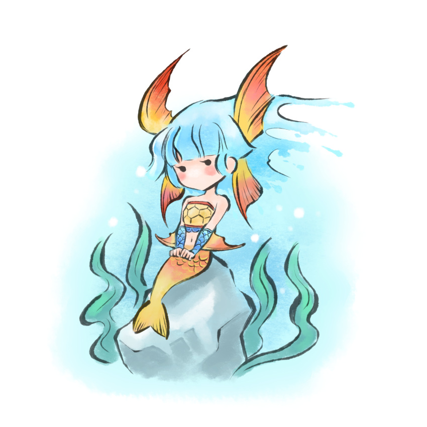 absurdres, blue_hair, blush, capcom, chibi, head_fins, highres, mermaid