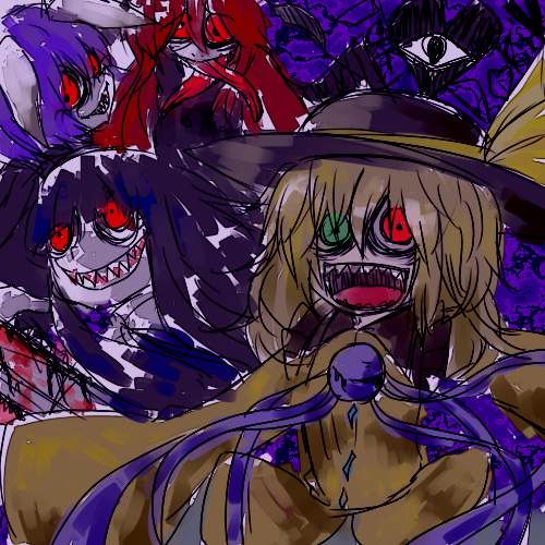 animal_ears, bat_wings, black_hair, blonde_hair, blood, bow, bunny_ears, chainsaw