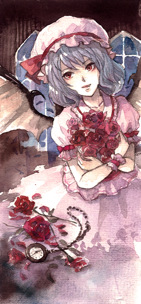 bat_wings, blue_hair, dress, fang, flower, hat, lips, pocket_watch