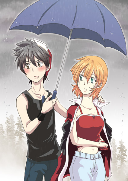 1boy, 1girl, agpro, bare_shoulders, black_hair, blush, brown_eyes, denim