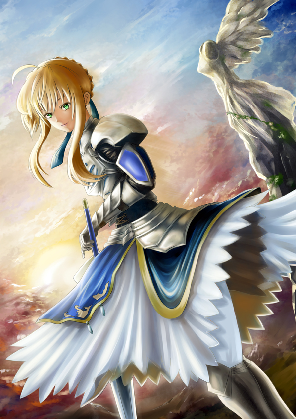 ahoge, alternate_costume, armor, armored_dress, bearluxe, blonde_hair, dress, dutch_angle, excalibur, fate/stay_night, fate_(series), payot, saber, solo, statue, sword, weapon