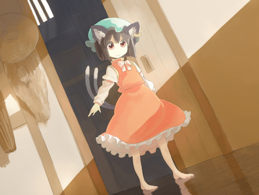 :3, animal_ears, barefoot, bow, brown_eyes, brown_hair, cat_ears, cat_tail, chen, child, earrings, eyebrows, figua, hat, jewelry, juraki_hakuaki, multiple_tails, red_eyes, reflection, short_hair, solo, standing, tail, touhou