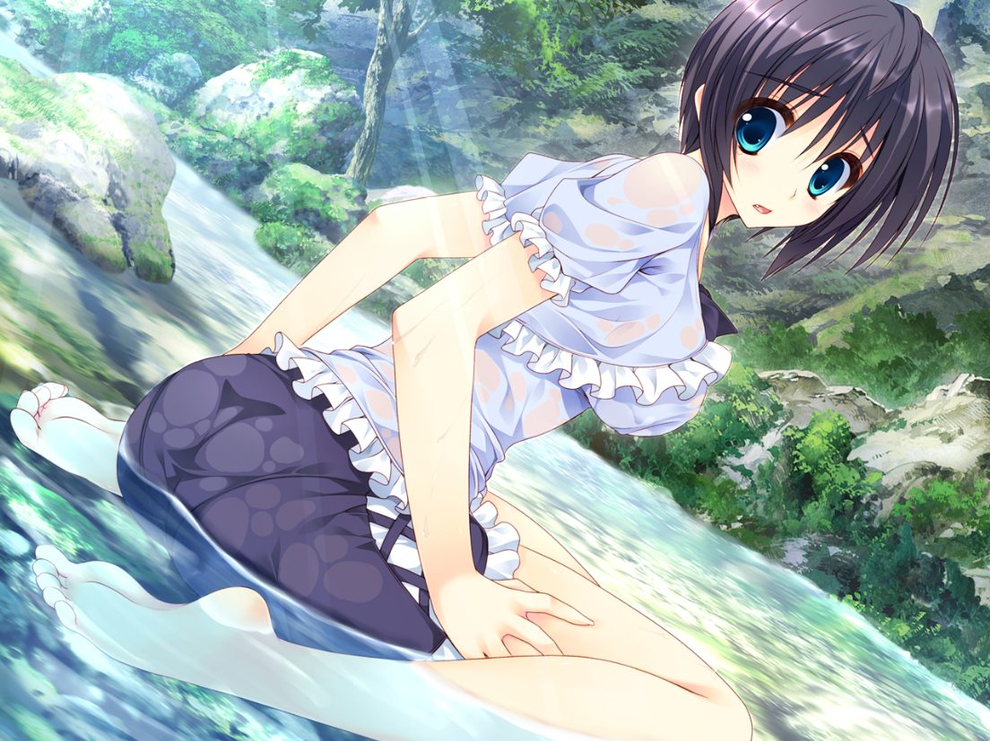 aqua_eyes, artist_request, barefoot, black_hair, character_request, dutch_angle, feet, game_cg
