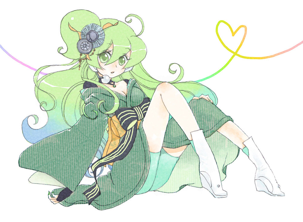 alternate_costume, boots, breasts, green_eyes, green_hair, hair_ornament, headphones, headset