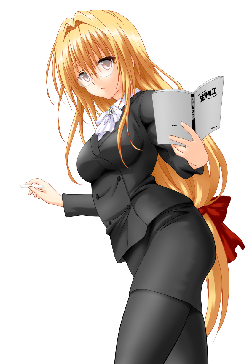 absurdres, blonde_hair, book, brown_eyes, business_suit, chalk, glasses, hair_intakes