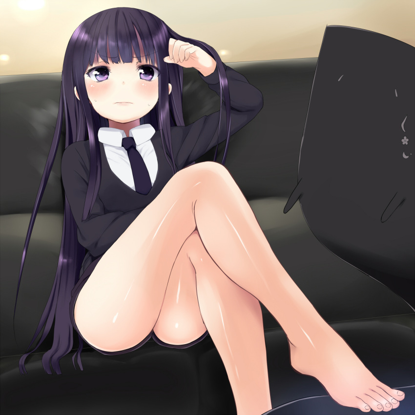 arm_up, bare_legs, barefoot, blush, couch, crossed_legs, feet, hair_flip