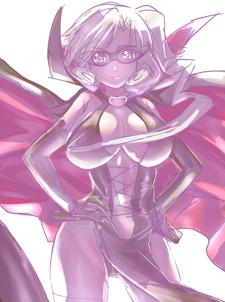 arsene, breasts, cape, character_request, dodai_shouji, domino_mask, elbow_gloves, gloves, hands_on_hips, henriette_mystere, huge_breasts, mask, short_hair, solo, tantei_opera_milky_holmes, thigh-highs, thighhighs
