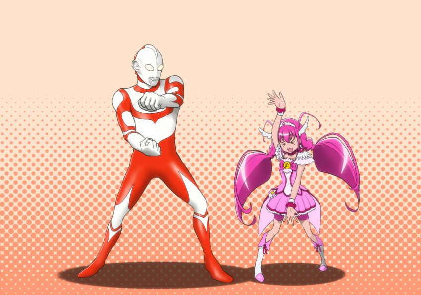 >_<, 1boy, 1girl, :d, closed_eyes, crossover, cure_happy, halftone, halftone_background, height_difference, hoshizora_miyuki, kijinaka_mahiro, magical_girl, open_mouth, pink_hair, pose, precure, smile, smile_precure!, tiara, twintails, ultra_series, ultraman:_towards_the_future, ultraman_great, xd