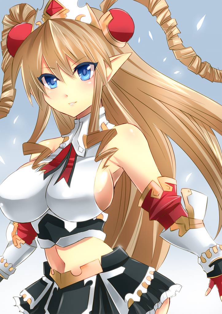 bare_shoulders, blue_eyes, breasts, brown_hair, drill_hair, elbow_gloves, female, fingerless_gloves
