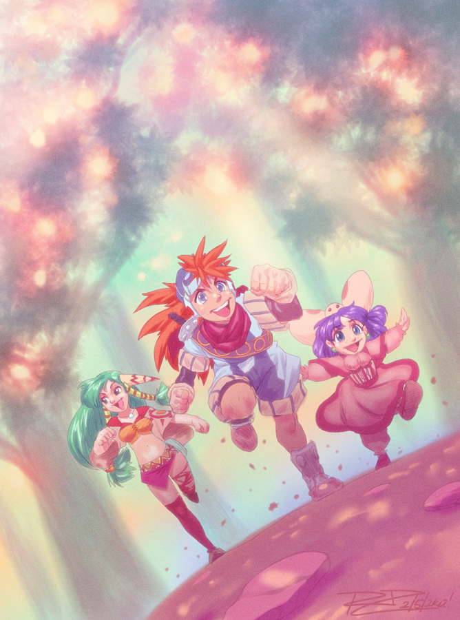 1boy, 2girls, blue_eyes, earrings, feena, grandia, grandia_i, green_hair