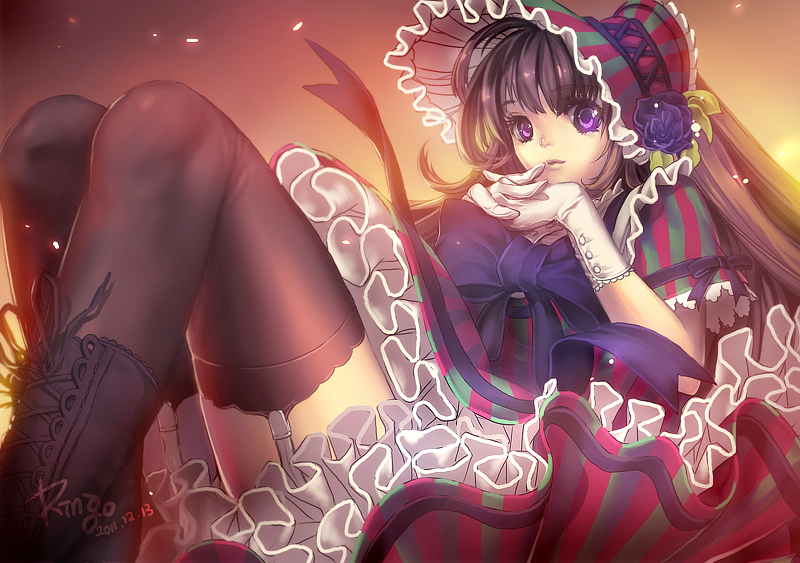 black_hair, black_legwear, flower, garter_straps, gloves, long_hair, matsuki_ringo, original