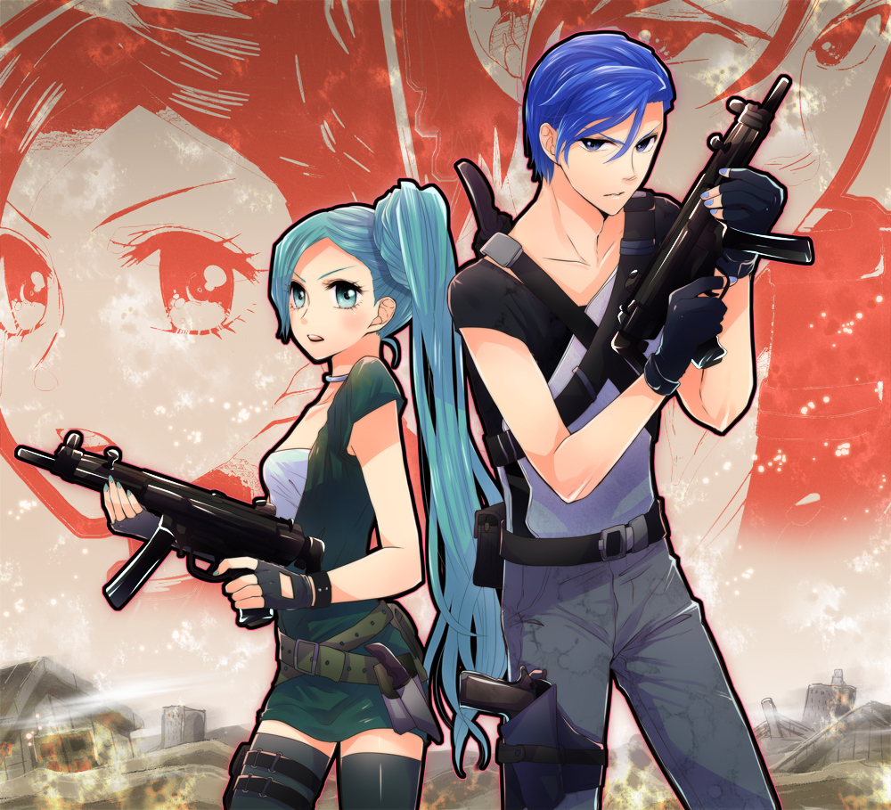 1girl, alternate_hairstyle, belt, blue_eyes, blue_hair, fingerless_gloves, gloves, gun