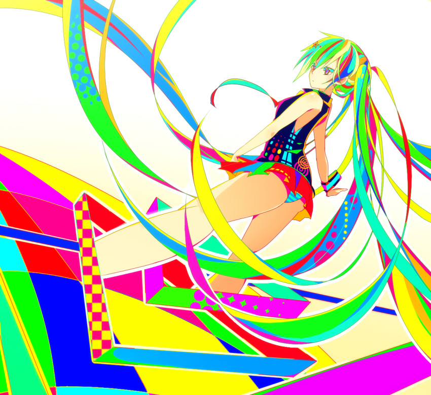 aka_tonbo_(lililil), green_hair, hatsune_miku, long_hair, panties, solo, striped, striped_panties, twintails, underwear, very_long_hair, vocaloid