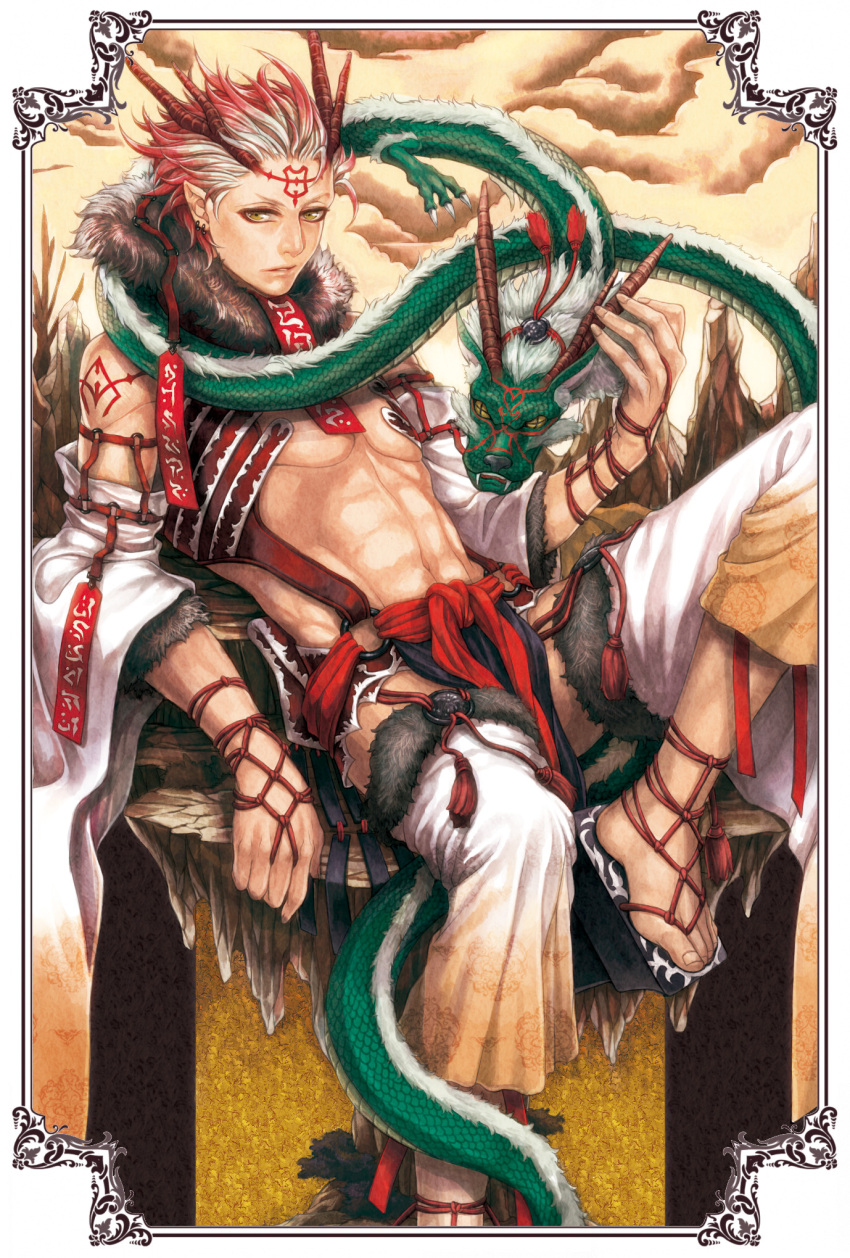 2012, antlers, azuma_yuuhi, bad_id, copyright_request, detached_sleeves, dragon, dragon_boy, dragon_horns, eastern_dragon, facial_mark, forehead_mark, highres, male, new_year, personification, pointy_ears, tattoo, yellow_eyes