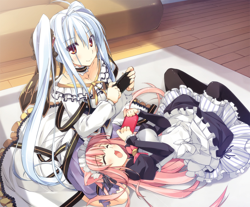 ahoge, animal_ears, apron, black_legwear, cat_ears, choker, closed_eyes, couch