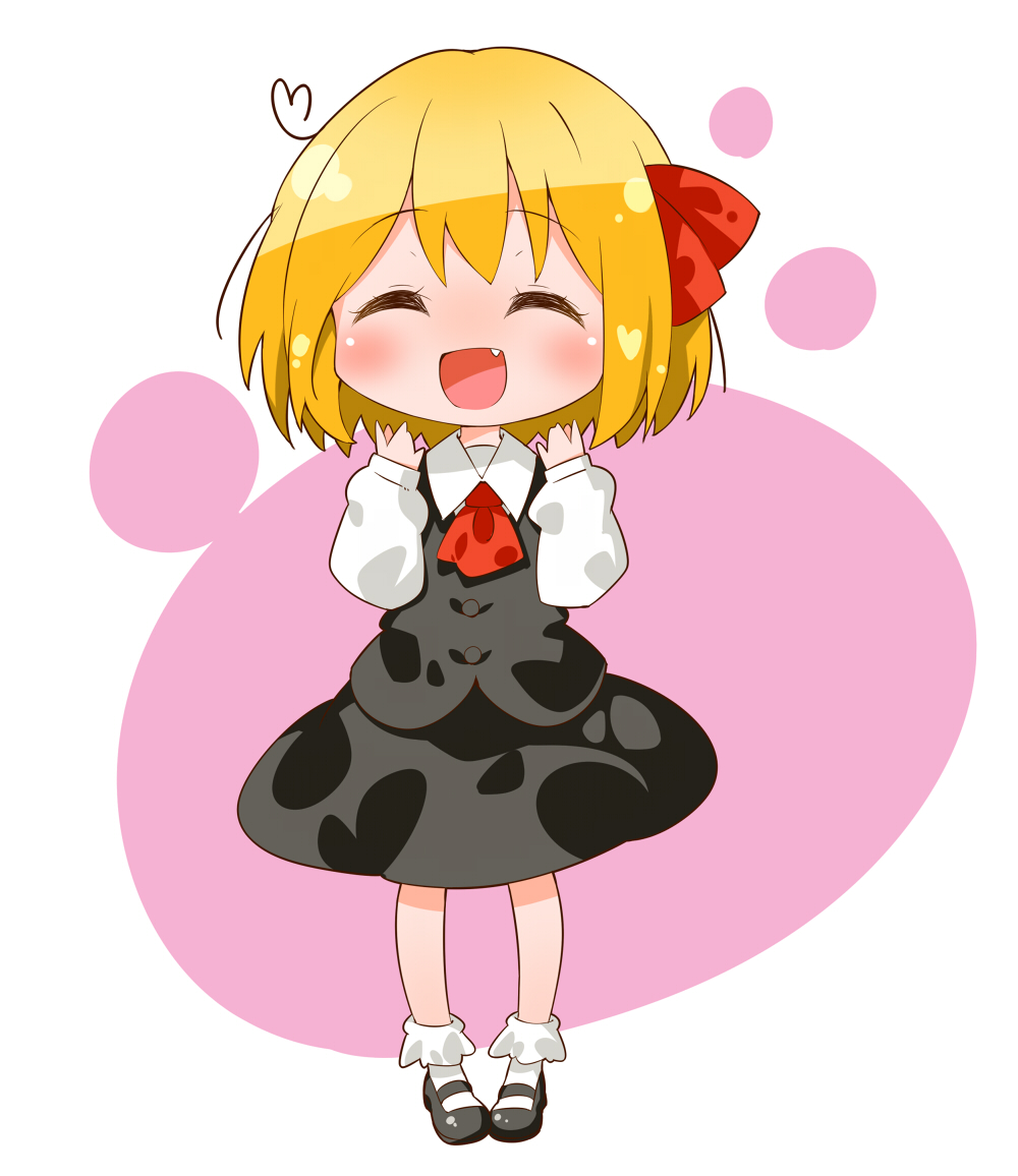 ascot, blonde_hair, blush, closed_eyes, eyes_closed, fang, hair_ribbon, jigatei_(omijin)