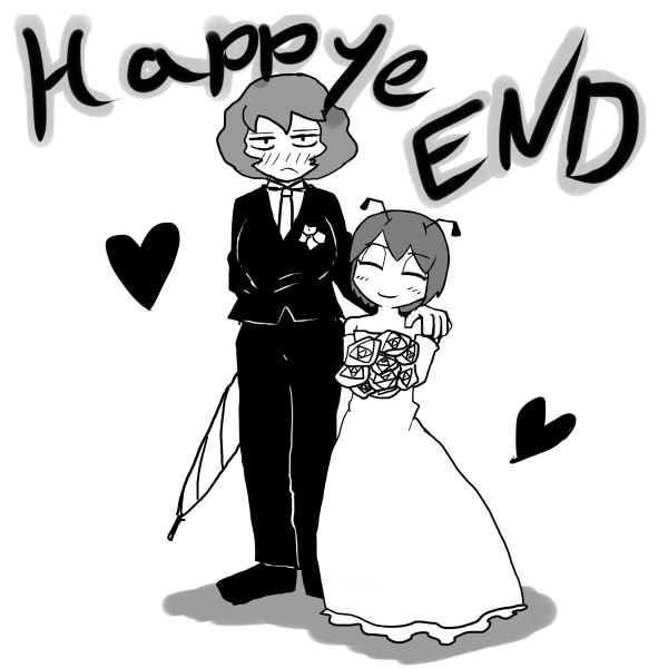 1girl, bare_shoulders, blush, bouquet, bride, comic, couple, crossdressinging, dress, elbow_gloves, engrish, flower, formal, gloves, groom, kazami_yuuka, monochrome, nicetack, ranguage, short_hair, smile, suit, touhou, translation_request, umbrella, wedding, wedding_dress, wriggle_nightbug, youkai, yuri
