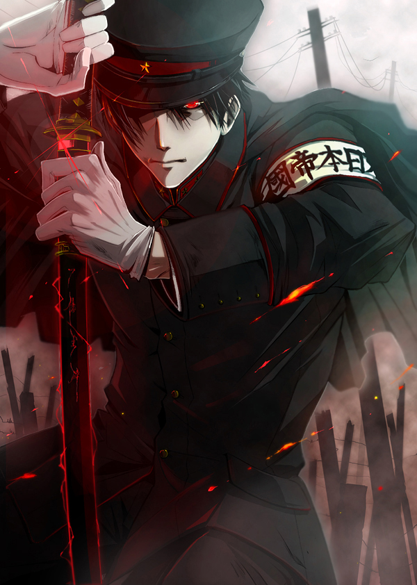 axis_powers_hetalia, black_hair, character_request, gloves, hat, imperial_japanese_army, japan_(hetalia), katana, komaki_(gigu), male, military, military_uniform, power_lines, red_eyes, short_hair, solo, source_request, sword, uniform, war, weapon