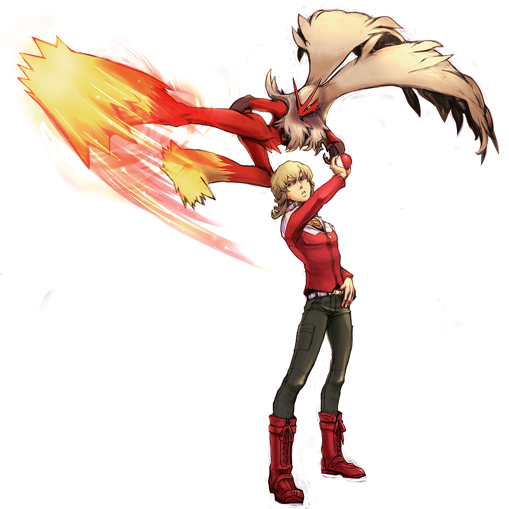 1boy, barnaby_brooks_jr, belt, blaziken, blonde_hair, boots, crossover, fire, flying_kick, glasses, green_eyes, holding, holding_poke_ball, jacket, jewelry, kicking, male, necklace, poke_ball, pokemon, pokemon_(creature), red_jacket, tiger_&amp;_bunny, yui_(kari)