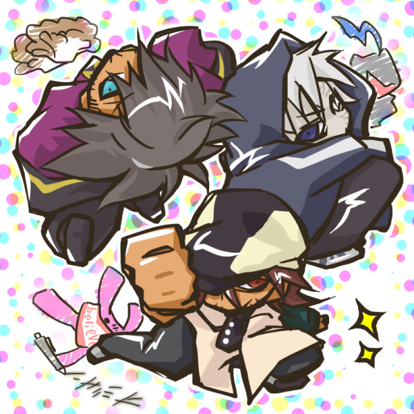 bad_id, berserker_(fate/zero), black_hair, blue_eyes, brown_eyes, brown_hair, cabbie_hat, chibi, clenched_hand, crossover, facial_hair, fate/zero, fate_(series), fist, hat, heterochromia, hoodie, kaburagi_t_kotetsu, male, matou_kariya, multiple_boys, namesake, necktie, pale_skin, pen, ponytail, raven, raven_(tov), sash, sparkle, sr193, stubble, stuffed_animal, stuffed_bunny, stuffed_toy, tales_of_(series), tales_of_vesperia, tiger_&amp;_bunny, vest, waistcoat, white_eyes, white_hair