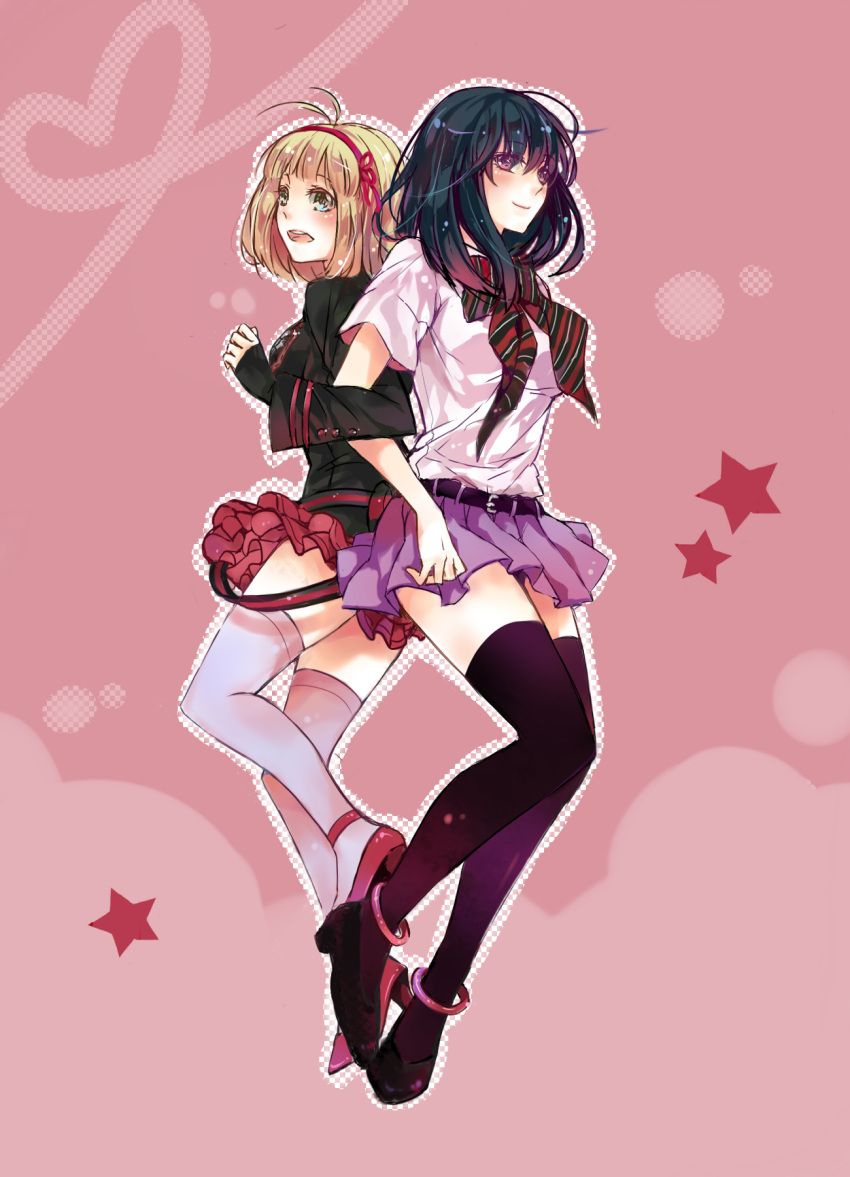 anklet, antenna_hair, ao_no_exorcist, back-to-back, bangs, belt, black_hair, black_legwear, blonde_hair, bowtie, company_connection, cosplay, costume_switch, crossover, d.gray-man, fish9450333, frills, green_eyes, hair_ribbon, hairband, high_heels, highres, jewelry, lenalee_lee, lenalee_lee_(cosplay), locked_arms, long_sleeves, looking_at_viewer, moriyama_shiemi, moriyama_shiemi_(cosplay), multiple_girls, open_mouth, pink_background, purple_eyes, ribbon, school_uniform, shirt, shoes, short_hair, short_sleeves, skirt, smile, star, striped, thigh-highs, thighhighs, uniform, violet_eyes, white_legwear, zettai_ryouiki