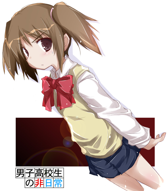 blush, bow, brown_eyes, brown_hair, danshi_koukousei_no_nichijou, school_uniform, skirt, solo