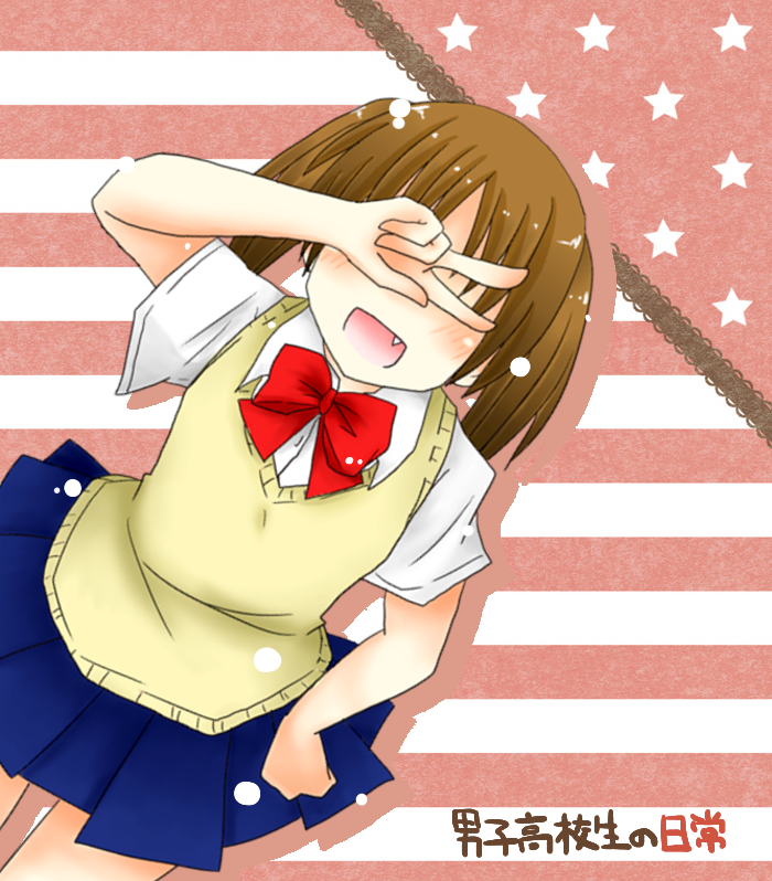:d, artist_request, blush, bow, bowtie, brown_hair, covering, covering_eyes