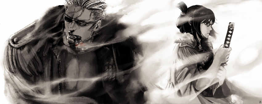 1girl, bad_id, beard, bun, chinstrap, cigar, facial_hair, flower