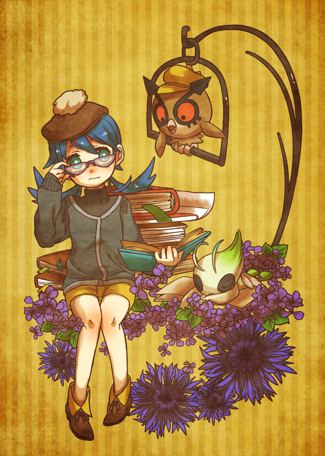 1girl, adjusting_glasses, alternate_costume, bespectacled, blue_eyes, blue_hair, book, cambo_copoca