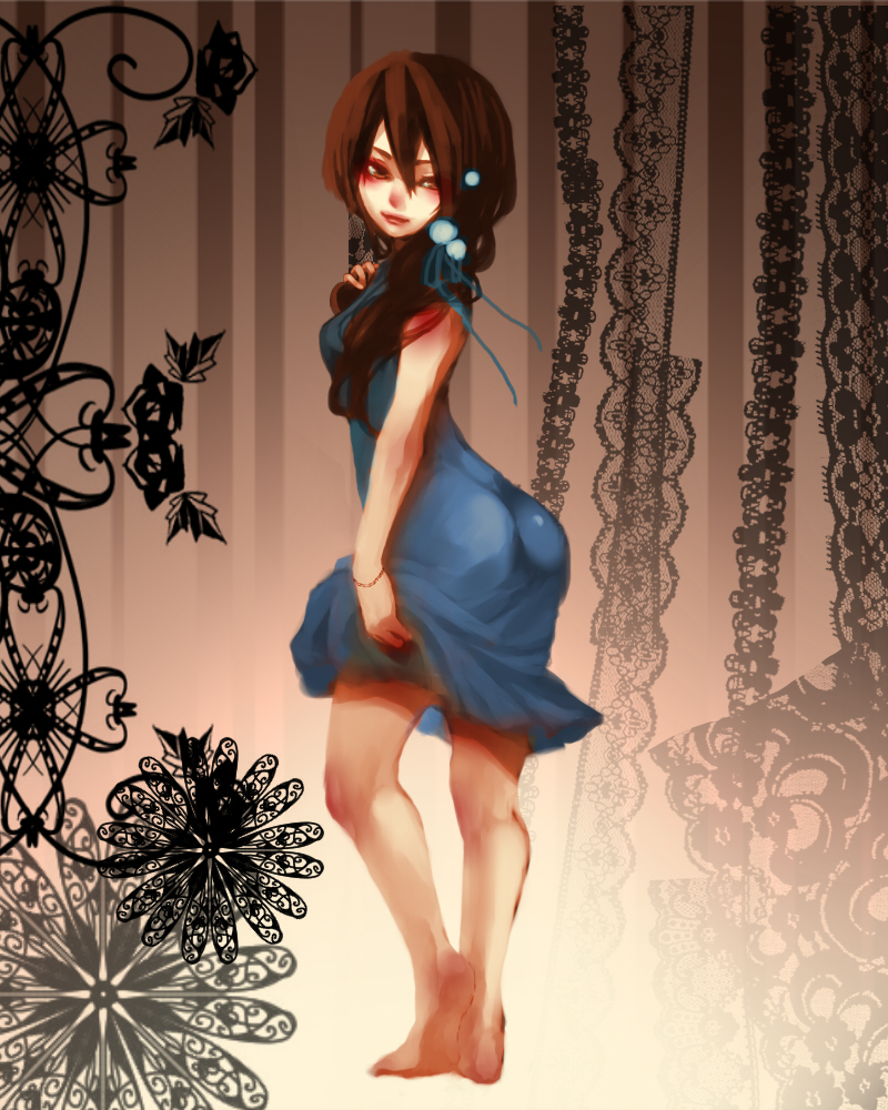 ass, barefoot, blue_dress, breasts, brown_eyes, brown_hair, dress, flat_chest